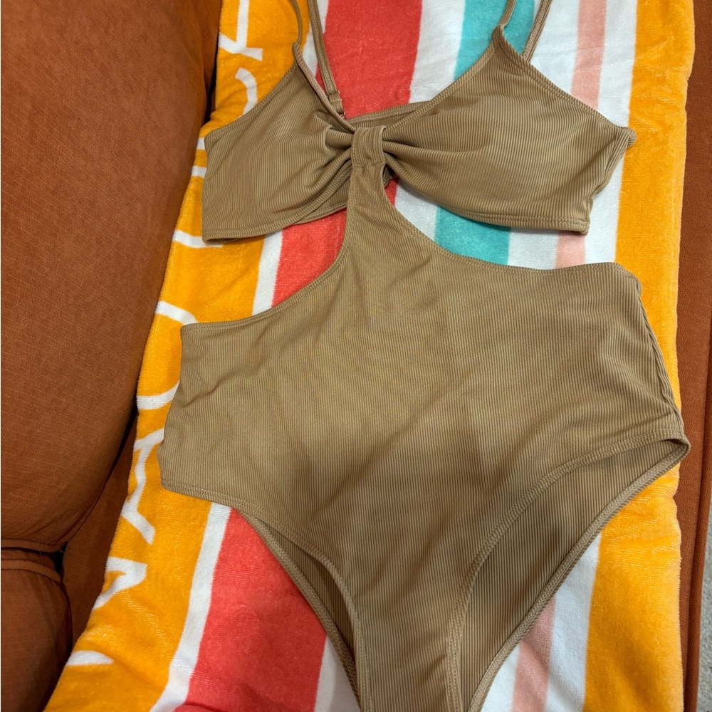 Light Brown One Piece Swimsuit With Cut Outs - Picture 7 of 16